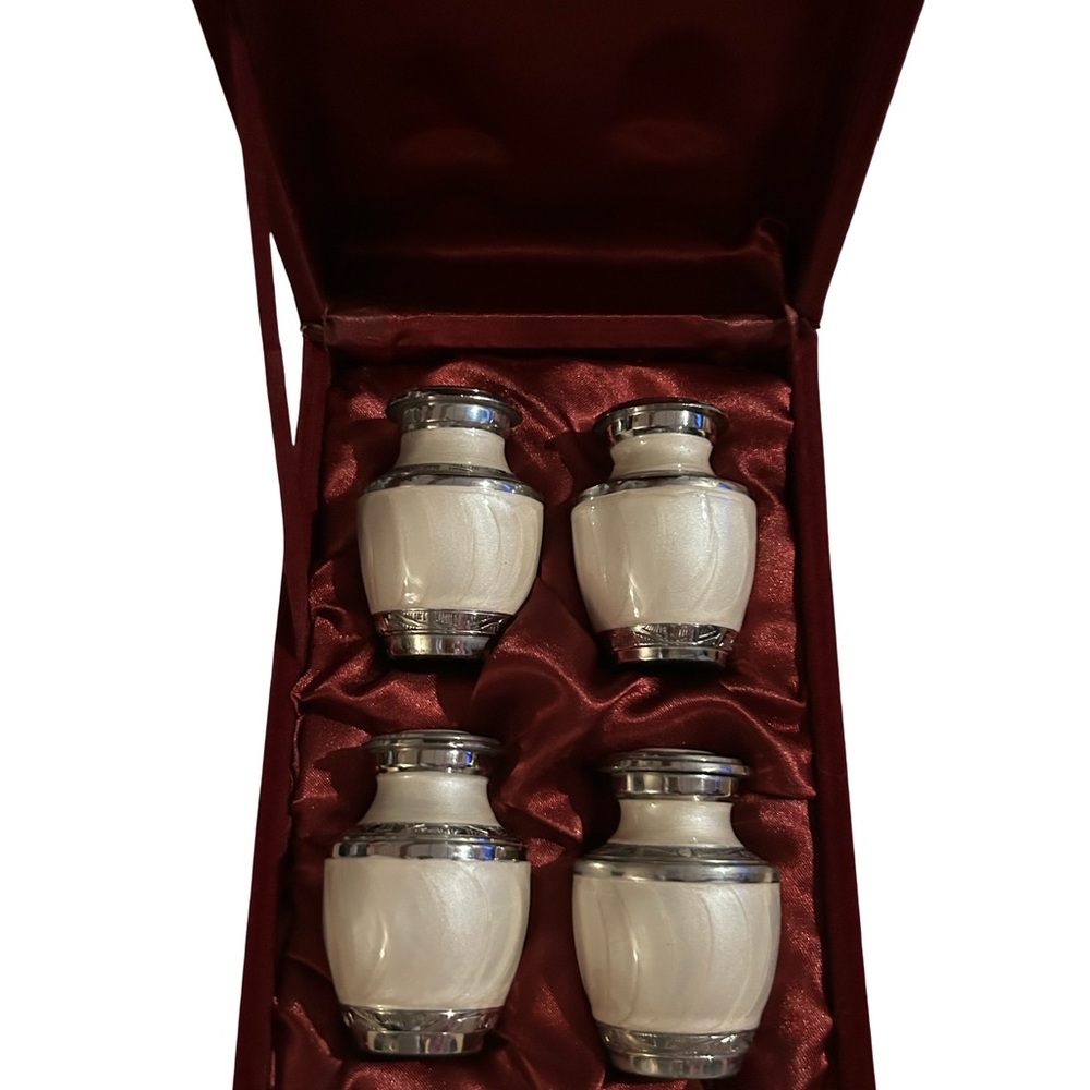 BRAND NEW! Set of 4 Pet Urn White Lacquer Sterling Silver Trim in Red Velvet Box